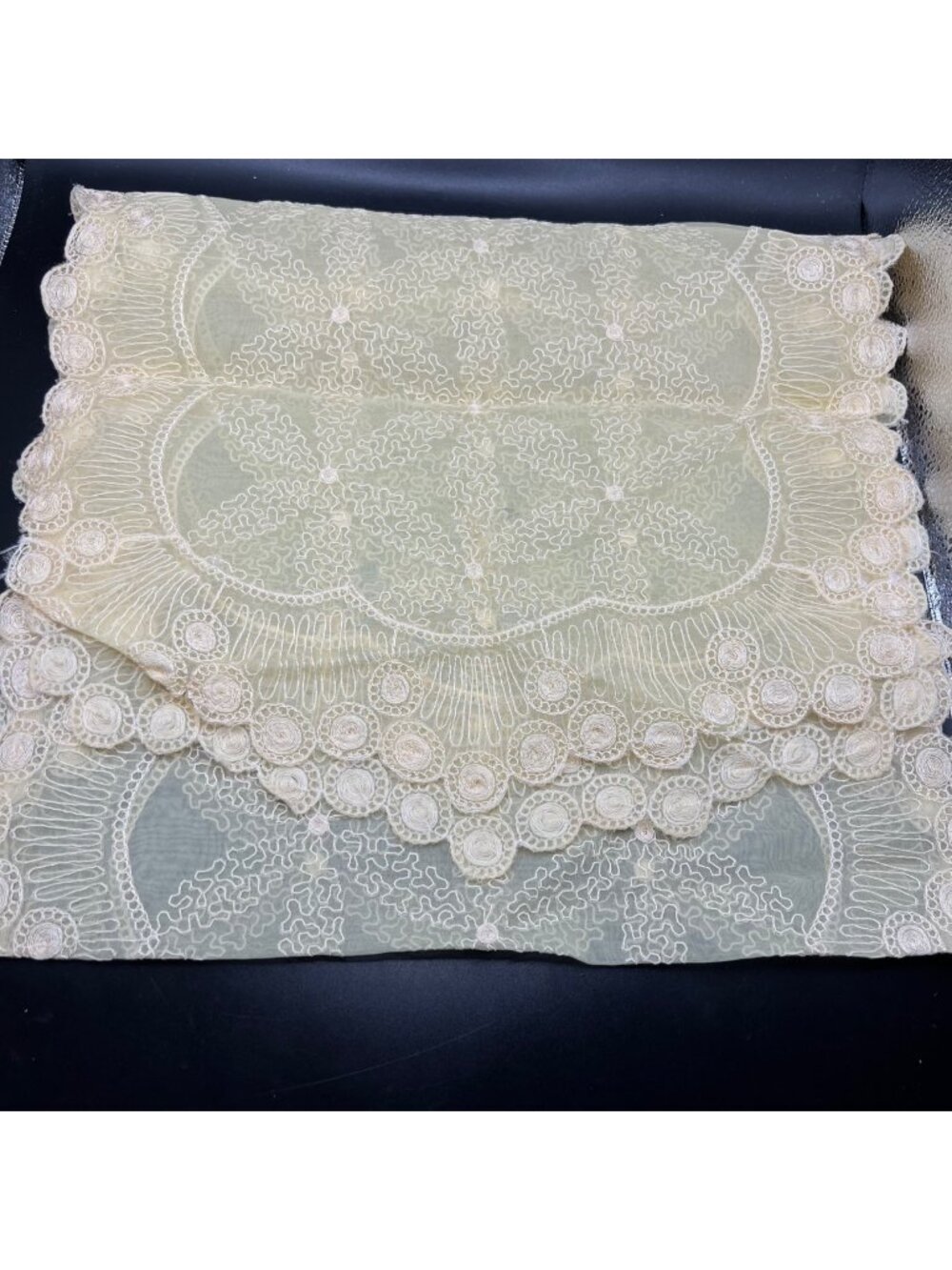 Yellow Cream Embroidered Lace Table Runner Grannycore Elegant 50”x14.5” Vintage